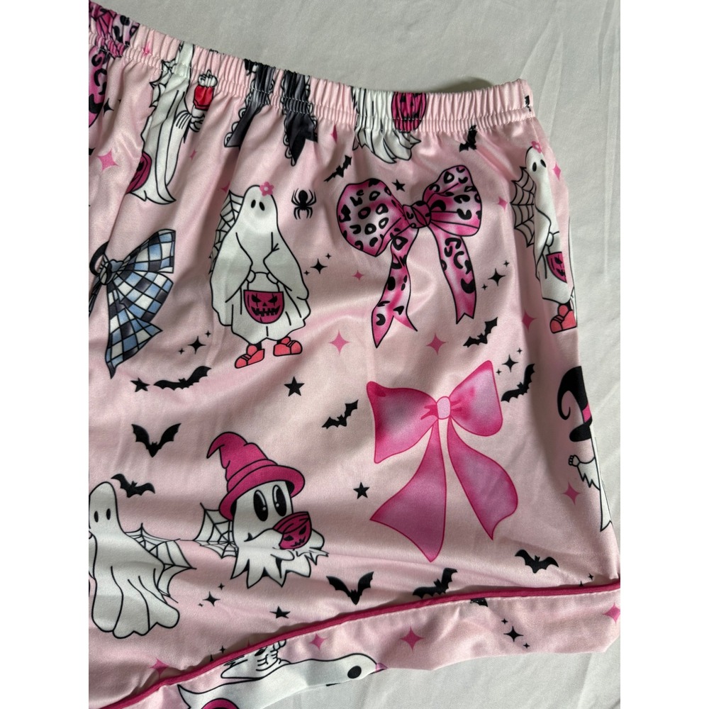 Pink Halloween Ghost Bow Pajama Set Short Sleeve Button Down Shorts Womens Large - Picture 10 of 11